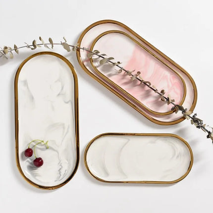 Oval Ceramic Tray with Glossy Marble-Effect Finish for Stylish Everyday Storage Use