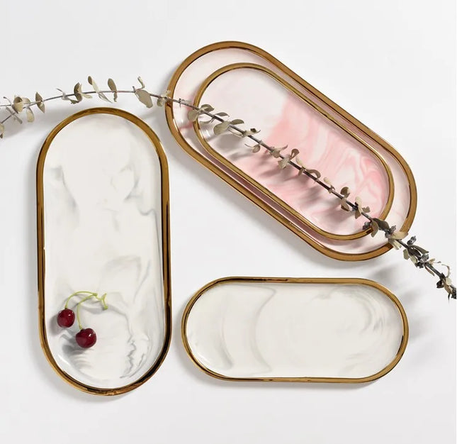 Oval Ceramic Tray with Glossy Marble-Effect Finish for Stylish Everyday Storage Use