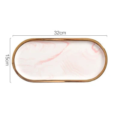 Oval Ceramic Tray with Glossy Marble-Effect Finish for Stylish Everyday Storage Use