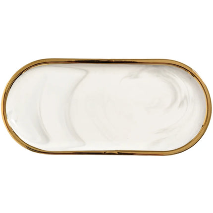 Oval Ceramic Tray with Glossy Marble-Effect Finish for Stylish Everyday Storage Use
