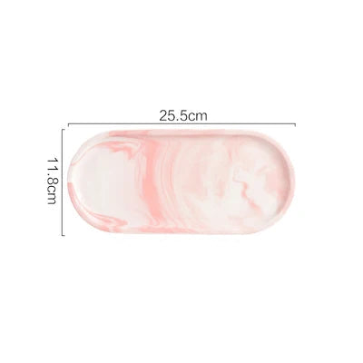 Oval Ceramic Tray with Glossy Marble-Effect Finish for Stylish Everyday Storage Use