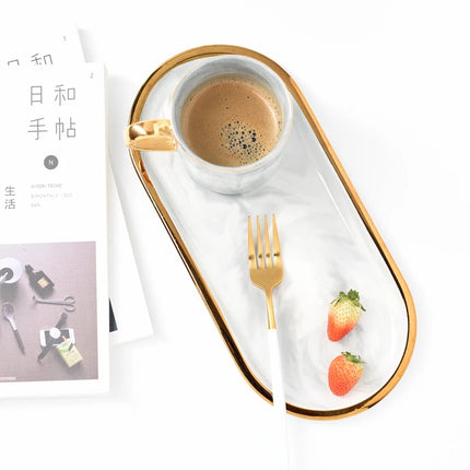 Oval Ceramic Tray with Glossy Marble-Effect Finish for Stylish Everyday Storage Use