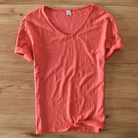 Men's V-Neck T-Shirt – Linen Cotton Blend with a Breathable Slim Fit