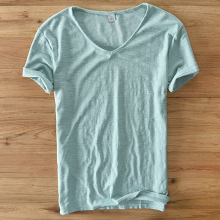 Men's V-Neck T-Shirt – Linen Cotton Blend with a Breathable Slim Fit