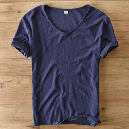 Men's V-Neck T-Shirt – Linen Cotton Blend with a Breathable Slim Fit
