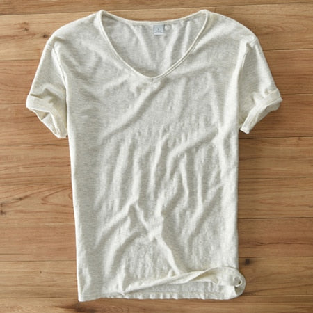 Men's V-Neck T-Shirt – Linen Cotton Blend with a Breathable Slim Fit