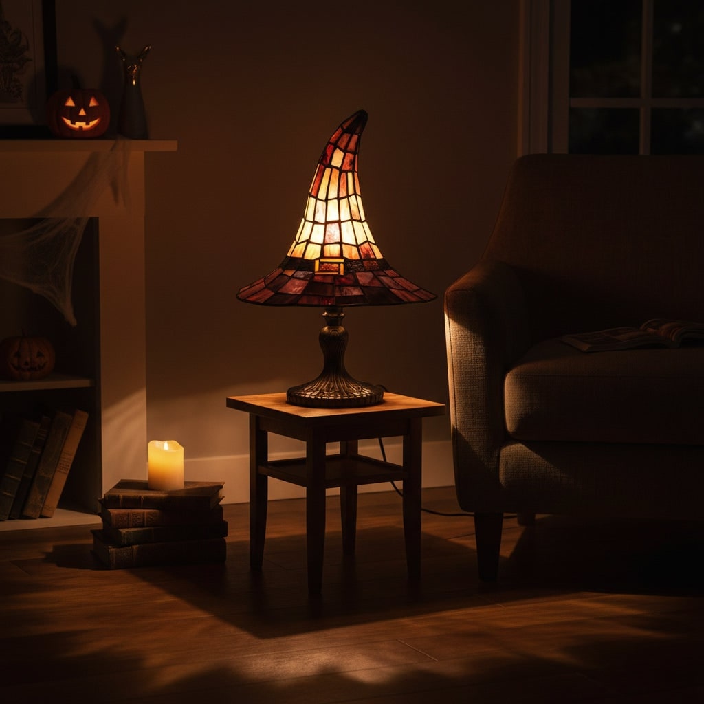 Halloween Stained Glass Witch Hat Table Lamp with Metal Base for Bedroom Decoration Bed Side 0