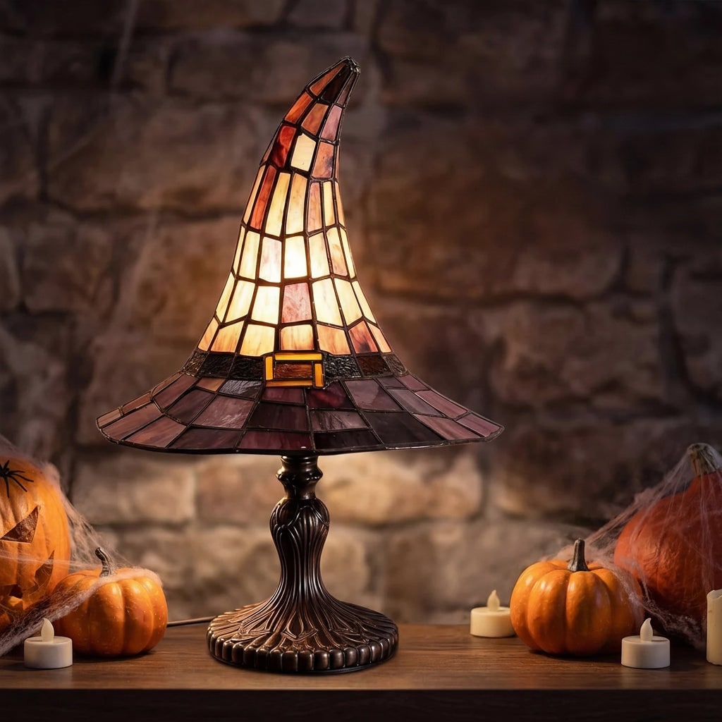 Halloween Stained Glass Witch Hat Table Lamp with Metal Base for Bedroom Decoration Bed Side 1