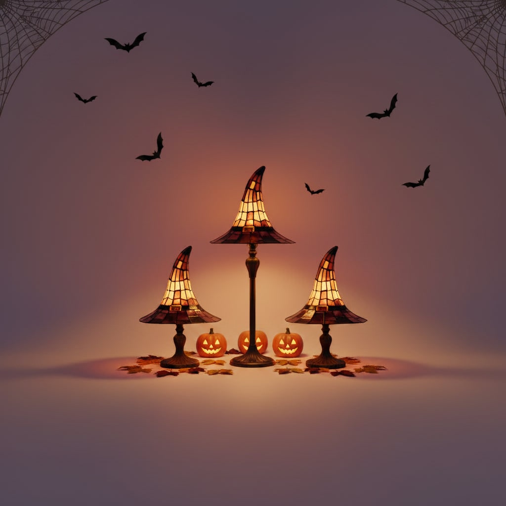 Halloween Tiffany Witch Hat Stained Glass Table Lamp with Metal Base 4