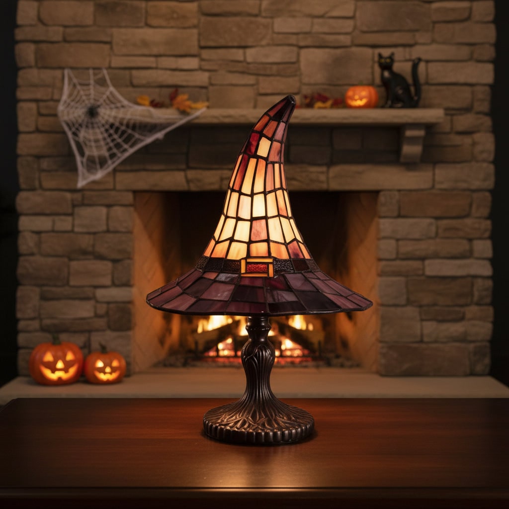 Halloween Tiffany Witch Hat Stained Glass Table Lamp with Metal Base 5