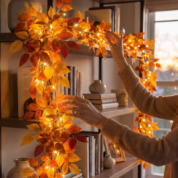 Lighted Foliage Garland – Flexible Leafy Strand with Warm Gold-Tone Lights