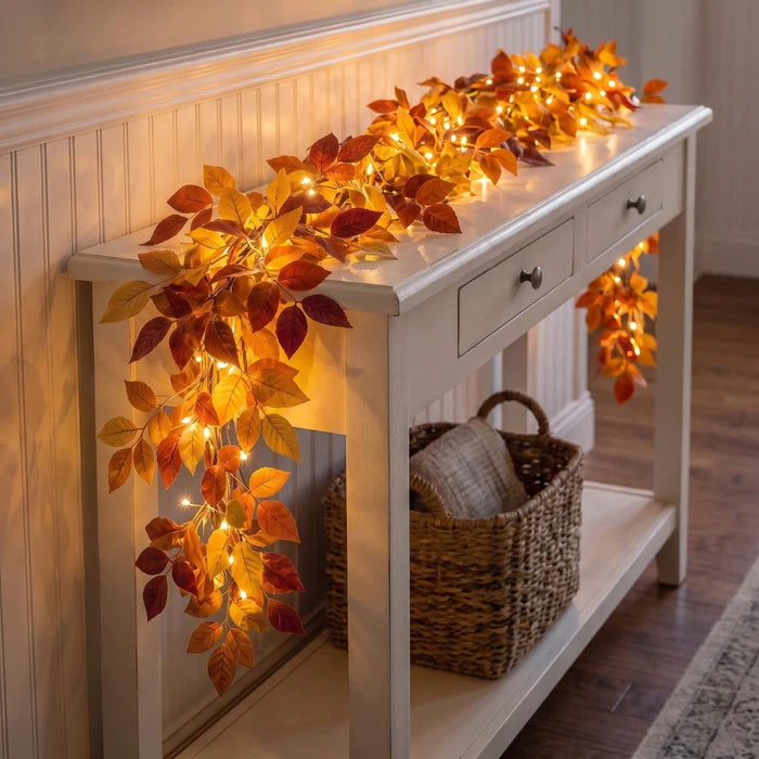 Lighted Foliage Garland – Flexible Leafy Strand with Warm Gold-Tone Lights