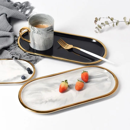 Oval Ceramic Tray with Glossy Marble-Effect Finish for Stylish Everyday Storage Use