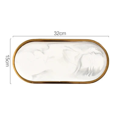 Oval Ceramic Tray with Glossy Marble-Effect Finish for Stylish Everyday Storage Use