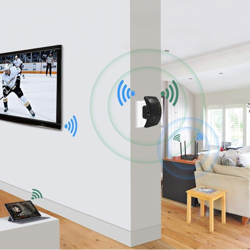 Extenseur de portée WiFi – Amplificateur de signal compact à brancher avec vitesse de 300 Mbps et extension de couverture 2,4 GHz