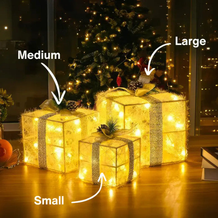 Lighted Christmas Gift Box Set – Glowing Boxes With Pinecones and Greenery