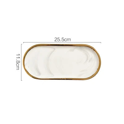 Oval Ceramic Tray with Glossy Marble-Effect Finish for Stylish Everyday Storage Use