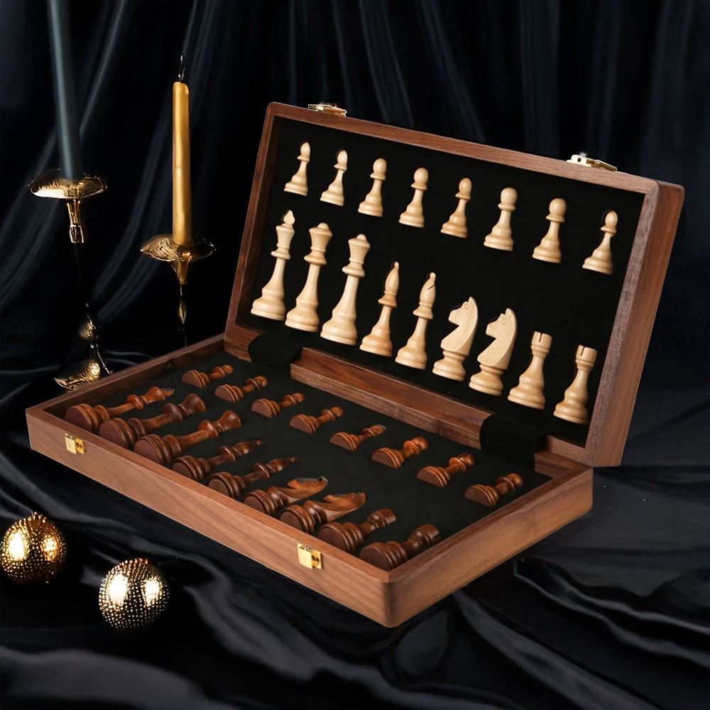 Jeu d'échecs en bois – Plateau de tournoi pliable avec rangement et pièces artisanales détaillées