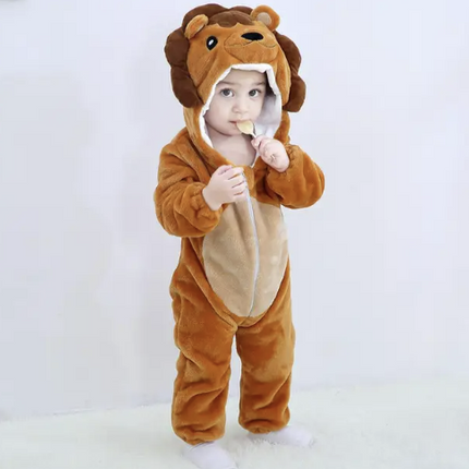 Baby Romper – Soft Flannel Hooded One-Piece with Playful Animal Design