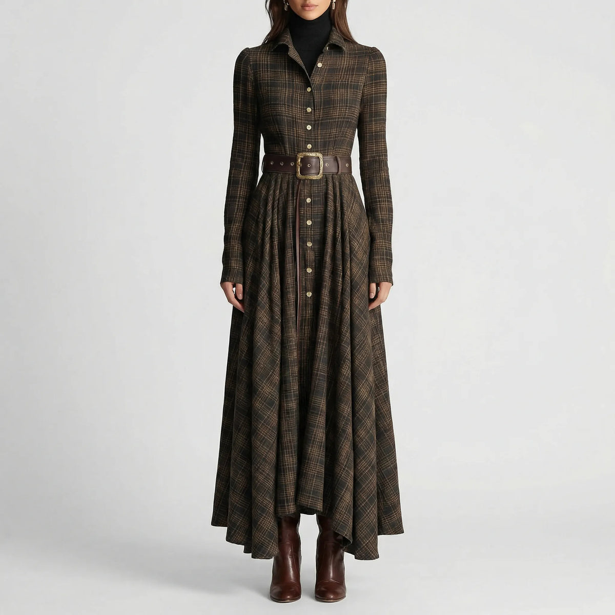 Long-Sleeved Maxi Dress with Plaid Pattern - Bethany 0