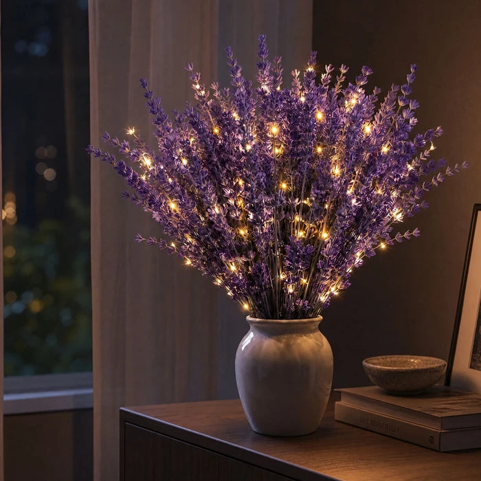 Lighted Lavender Bouquet – Faux Purple Blooms Wrapped in Warm Fairy Lights