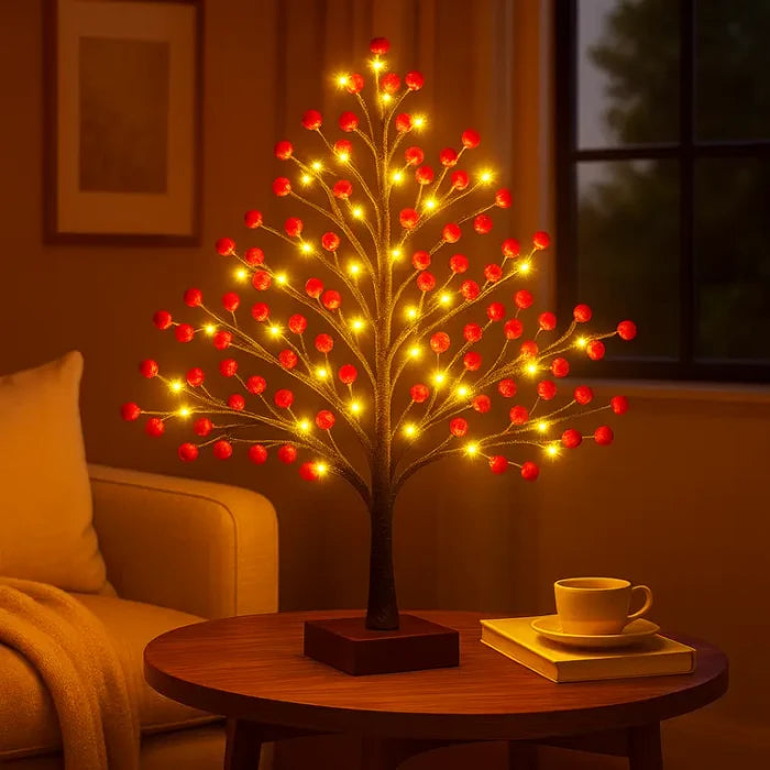 Holly Berry Tabletop Tree Lamp – Berry-Covered Branches with Warm Fairy Lights