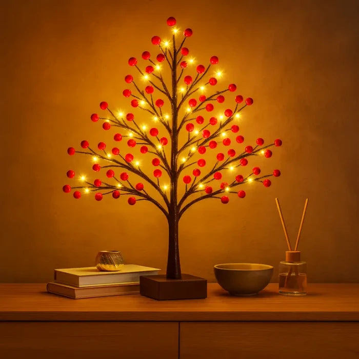 Holly Berry Tabletop Tree Lamp – Berry-Covered Branches with Warm Fairy Lights