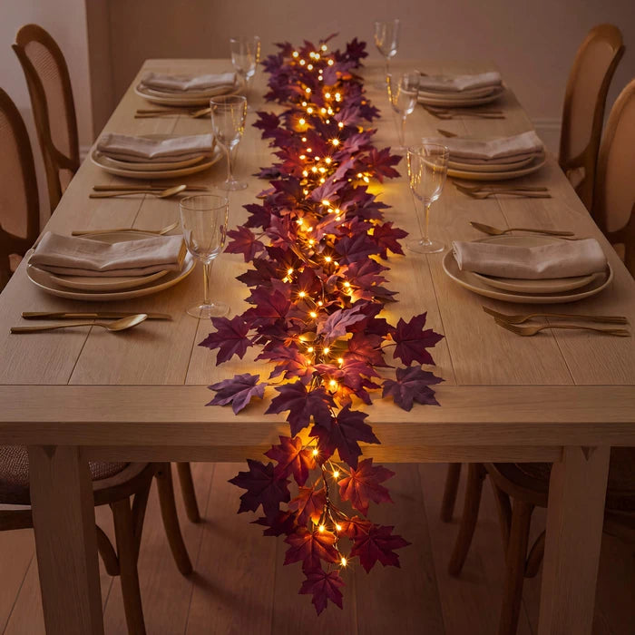 Burgundy Maple Leaf Garland – Bendable Autumn Vine with Woven Fairy Lights