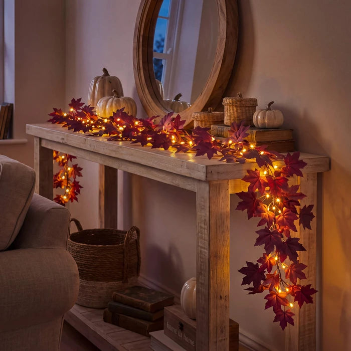 Burgundy Maple Leaf Garland – Bendable Autumn Vine with Woven Fairy Lights