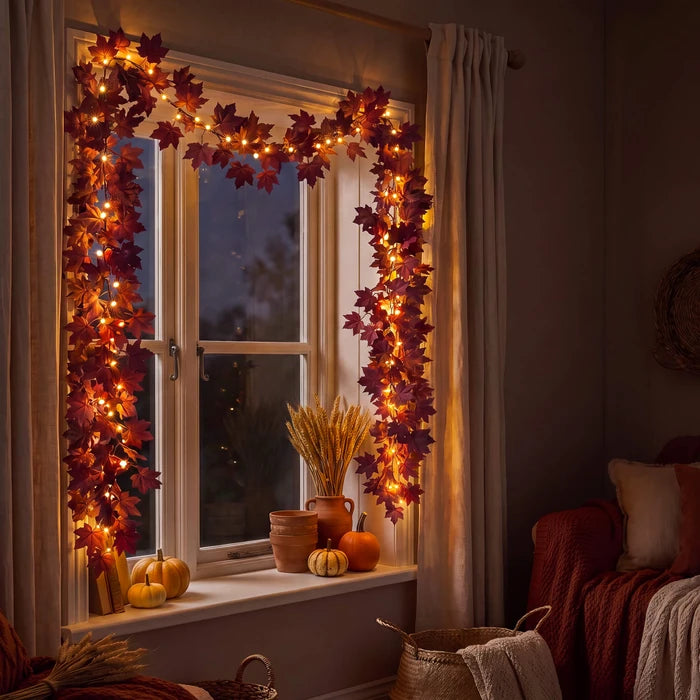 Burgundy Maple Leaf Garland – Bendable Autumn Vine with Woven Fairy Lights