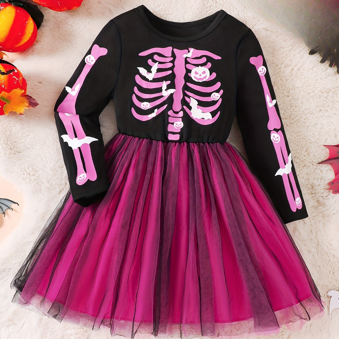 Meisjes Lange Mouwen Halloween Skelet Kostuum Jurk | Tulle Mini 0
