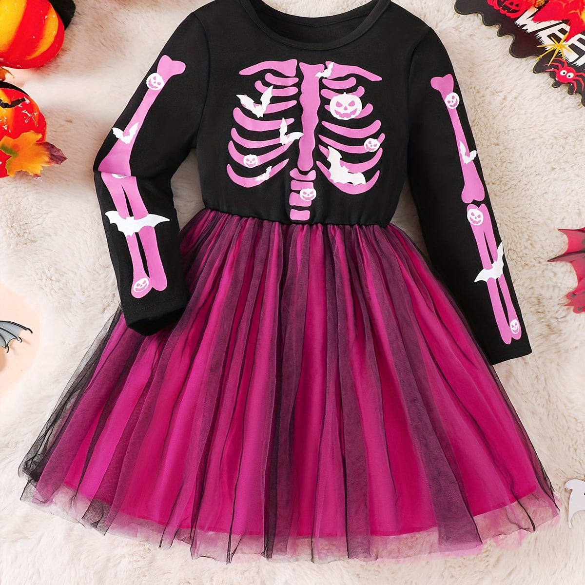 Meisjes Lange Mouwen Halloween Skelet Kostuum Jurk | Tulle Mini 5