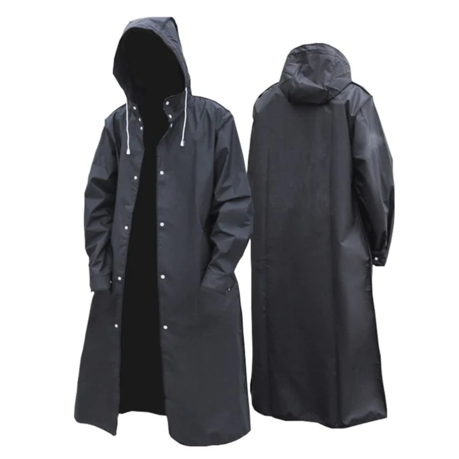 Men's Long Waterproof Raincoat with Adjustable Hood, Breathable Black Jacket 0