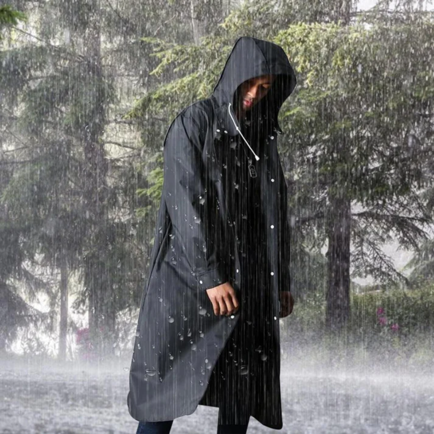 Men's Long Waterproof Raincoat with Adjustable Hood, Breathable Black Jacket 1