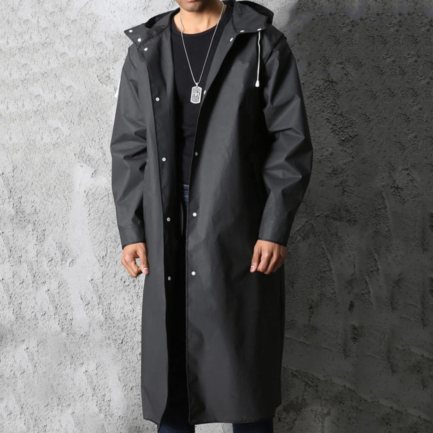 Men's Long Waterproof Raincoat with Adjustable Hood, Breathable Black Jacket 3