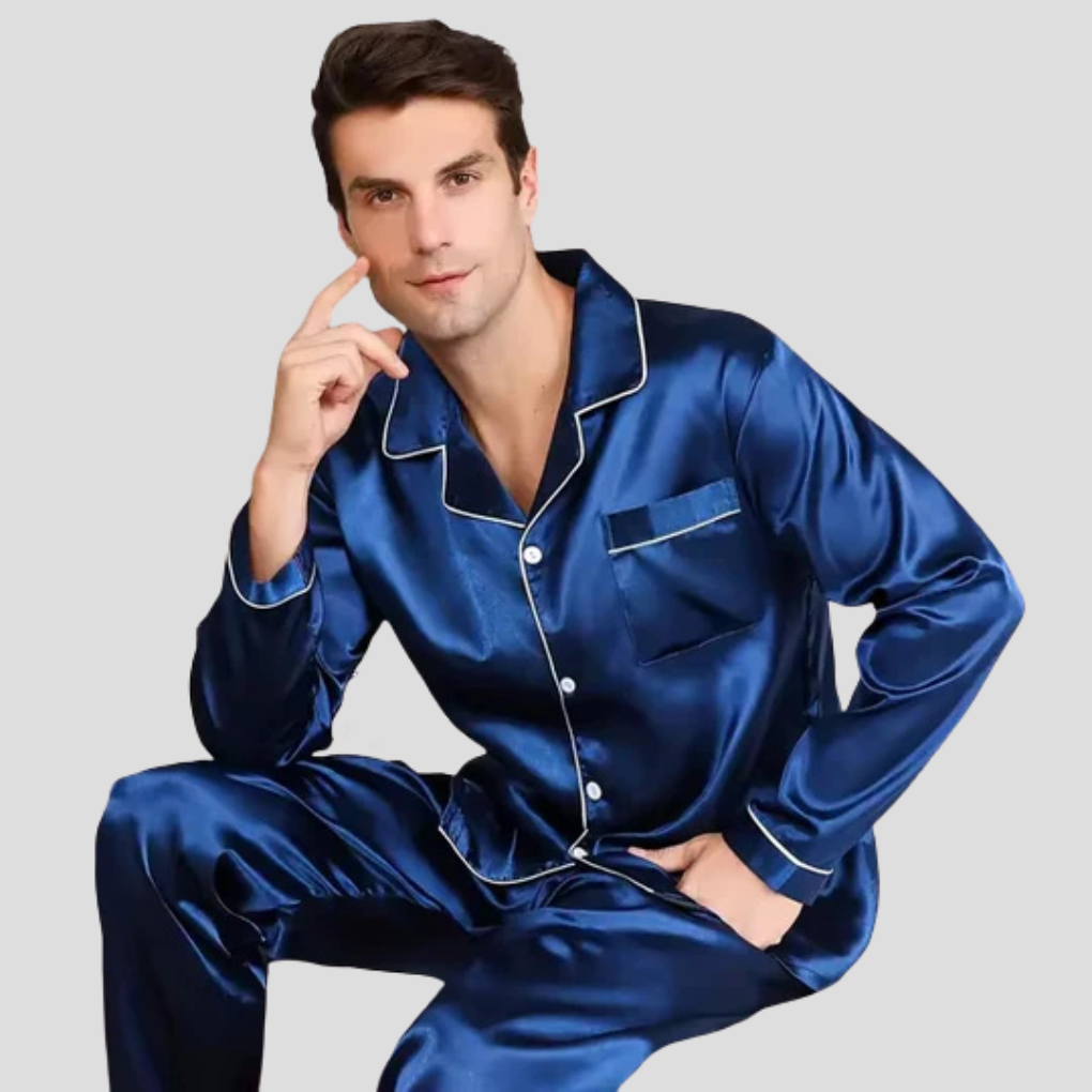 Men's Satin Pajama Set with Piping Detail, Soft Lounge Pants for Comfortable Sleep 1