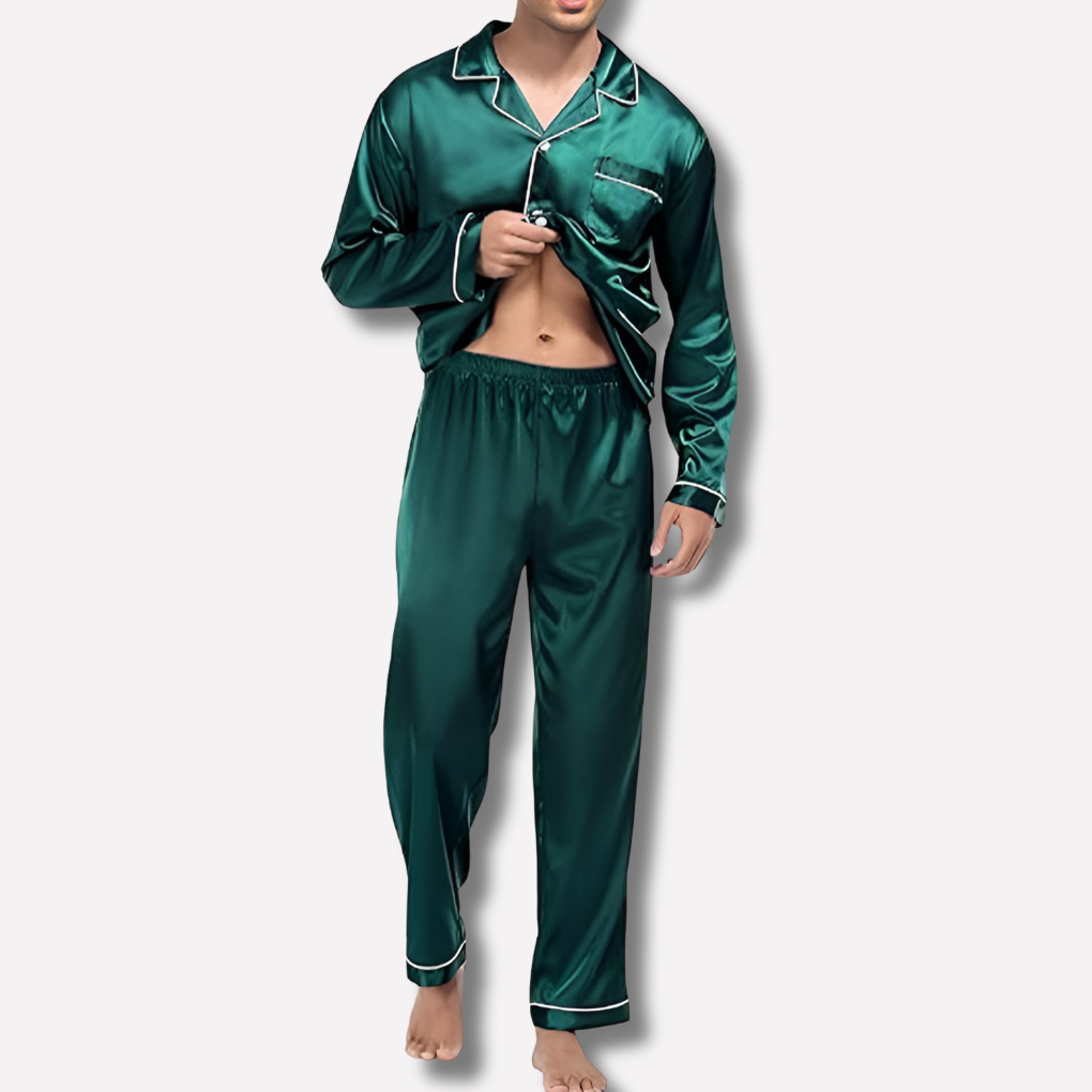 Men's Satin Pajama Set with Piping Detail, Soft Lounge Pants for Comfortable Sleep 2