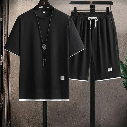 Men's Waffle Knit Lounge Set – Relaxed Fit T-Shirt and Drawstring Shorts 0