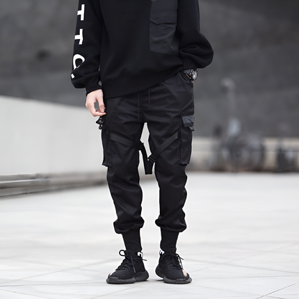 Mens Cargo Pants Black Adjustable Straps Durable Urban Trousers 0