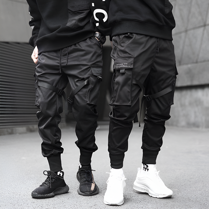 Mens Cargo Pants Black Adjustable Straps Durable Urban Trousers 1