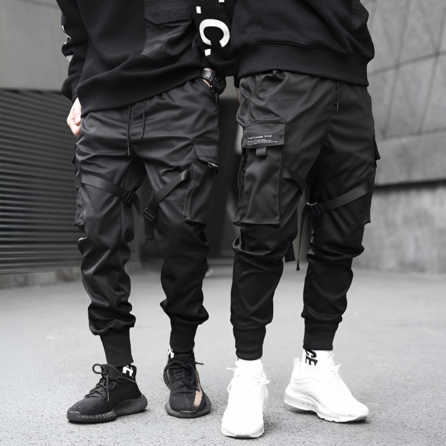 Mens Cargo Pants Black Adjustable Straps Durable Urban Trousers 1