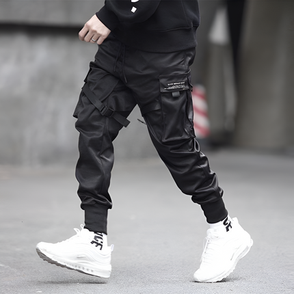 Mens Cargo Pants Black Adjustable Straps Durable Urban Trousers 2
