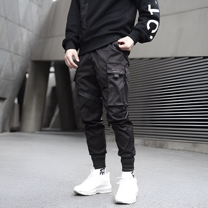 Mens Cargo Pants Black Adjustable Straps Durable Urban Trousers 3