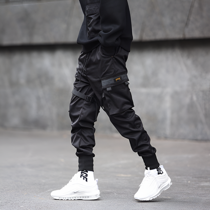 Mens Cargo Pants Black Adjustable Straps Durable Urban Trousers 4