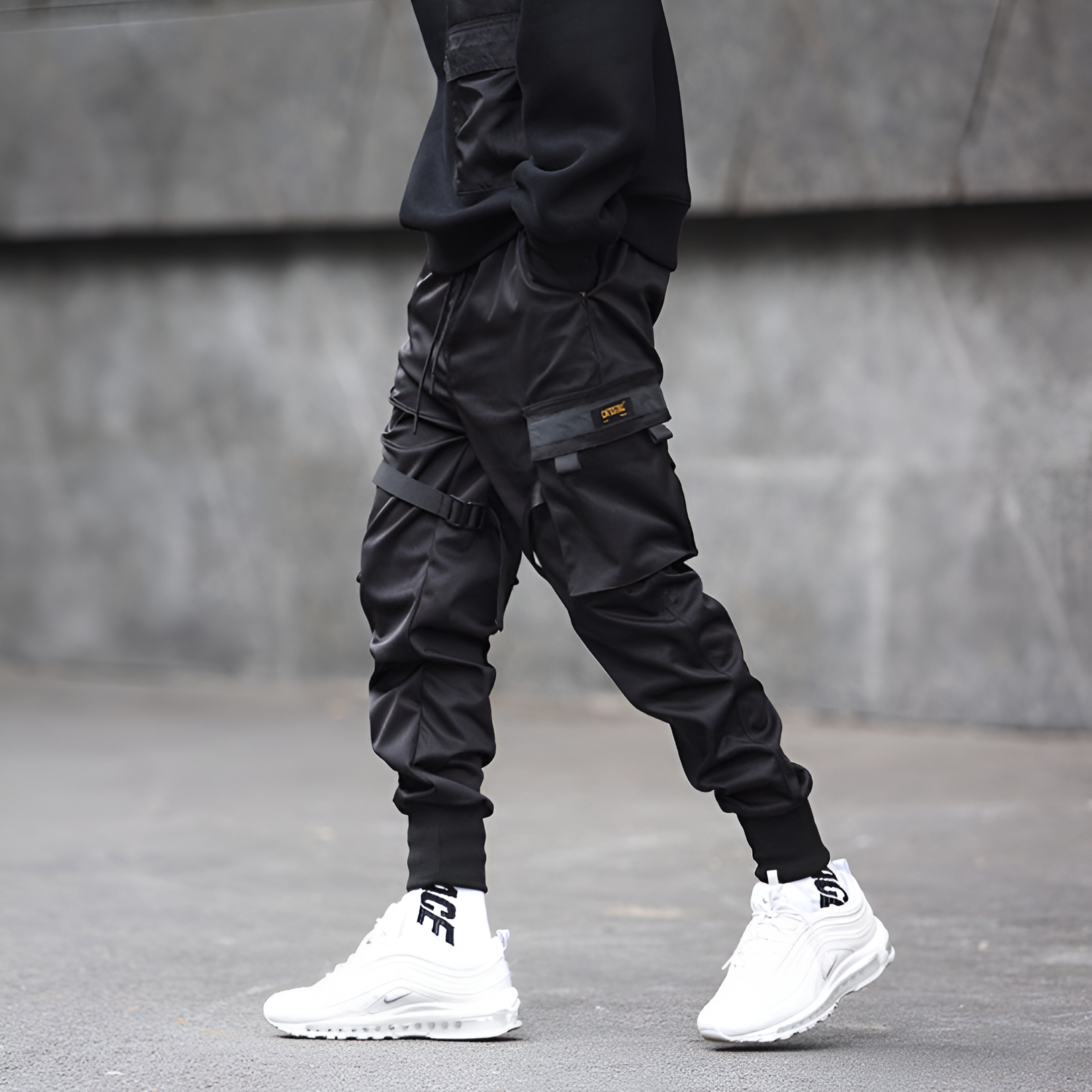 Mens Cargo Pants Black Adjustable Straps Durable Urban Trousers 4