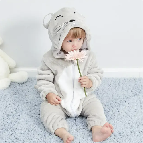Grenouillère Bébé – Combinaison à Capuche en Flanelle Douce avec Motif Animal Ludique