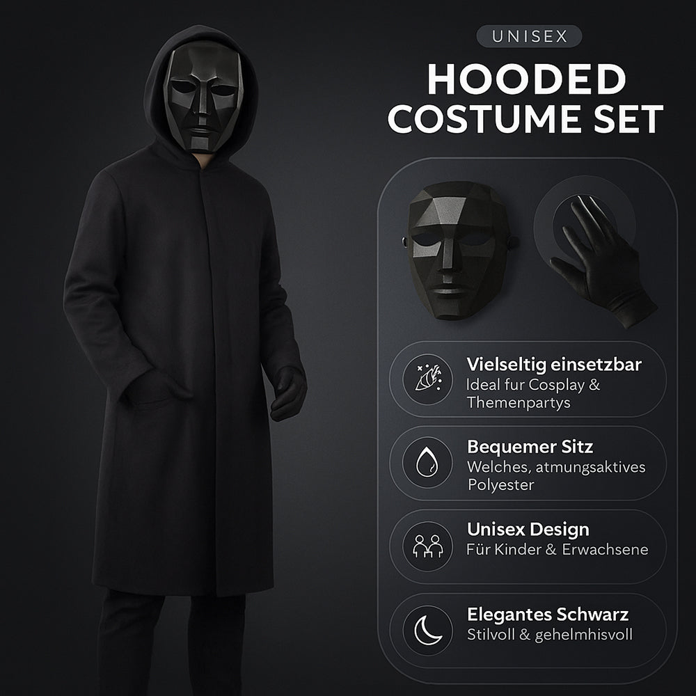 Mysterieus Kapuzenkostuum Zwart met Masker & Handschoenen Unisex Halloween Cosplay Party Outfit voor Kinderen & Volwassenen | Sansoti 2