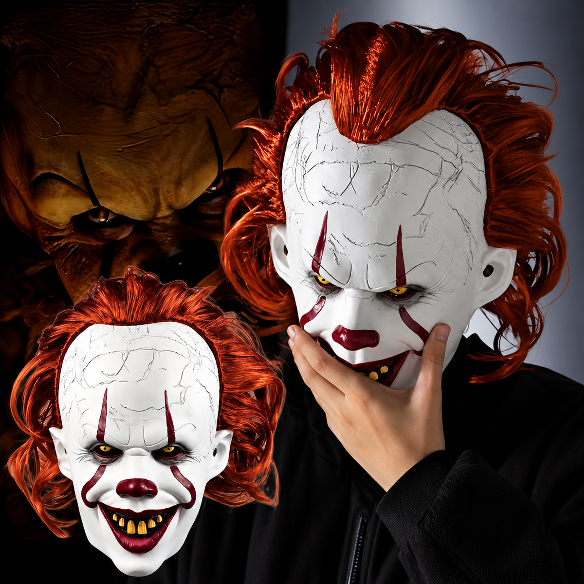 Masque de clown - Visage d'horreur pâle avec large sourire et lignes de peinture sculptées