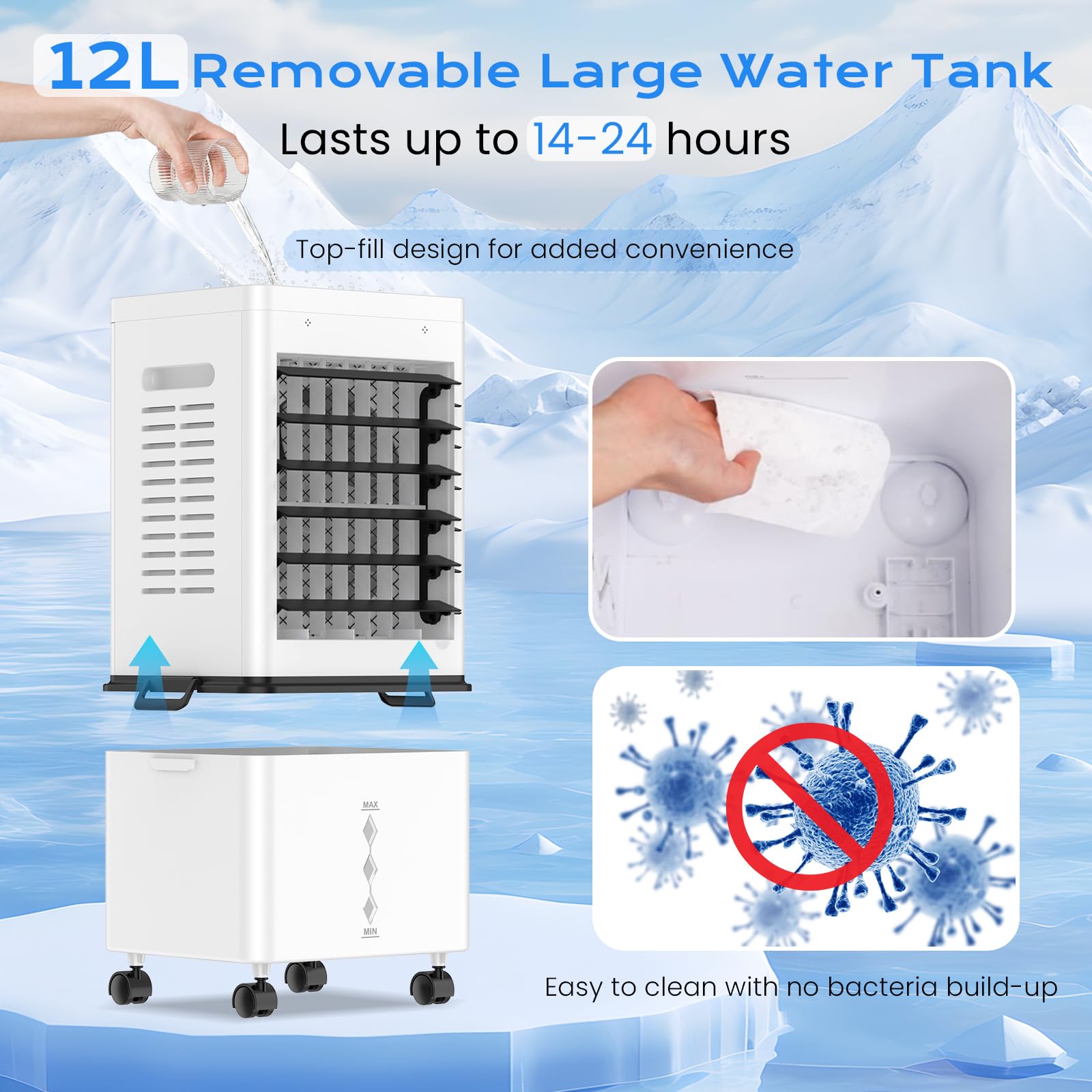 Portable Evaporative Air Cooler for Home, 12L Tank & Timer 3