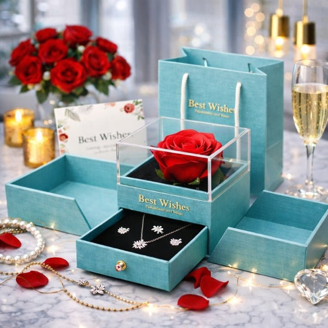 Preserved Real Rose Gift Box with Necklace Earrings Set for Her | Eternal Flower Jewelry Box | Romantic Anniversary, Birthday Gift for Wife, Girlfriend | Kouvr 1